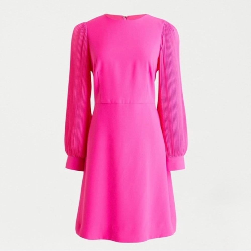 Jcrew pleated sheer sleeve neon pink 60s swing dress NWOT